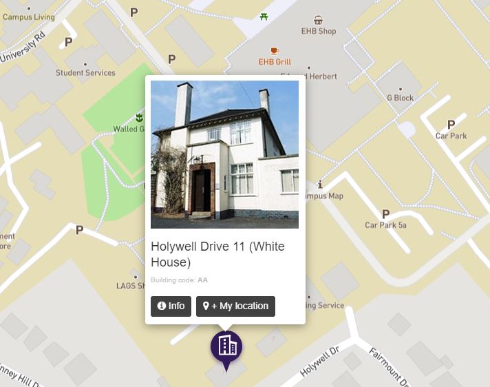 image of campus with a photo of a house to signpost to the location